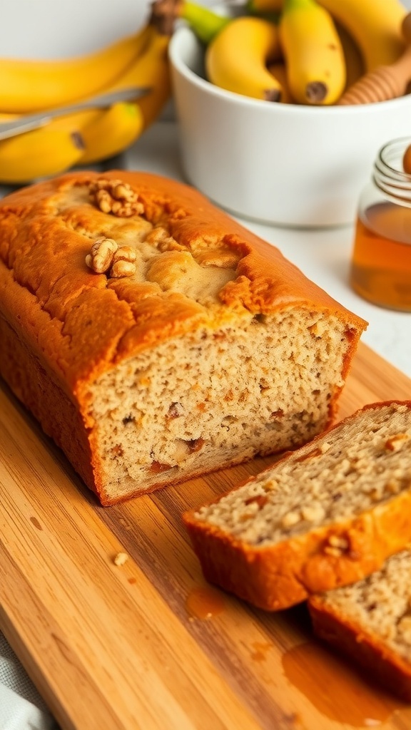 A loaf of healthy banana bread with walnuts on a cutting board, sliced with bananas and honey in the background.